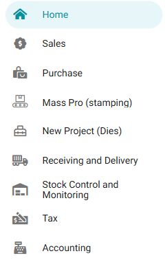 Menu modul ERP AIEI: sales, purchase, produksi, delivery, stok, pajak, dan accounting