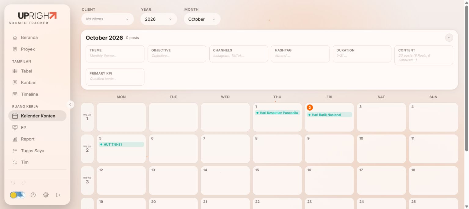 Ruang kerja kalender konten Socmed Tracker